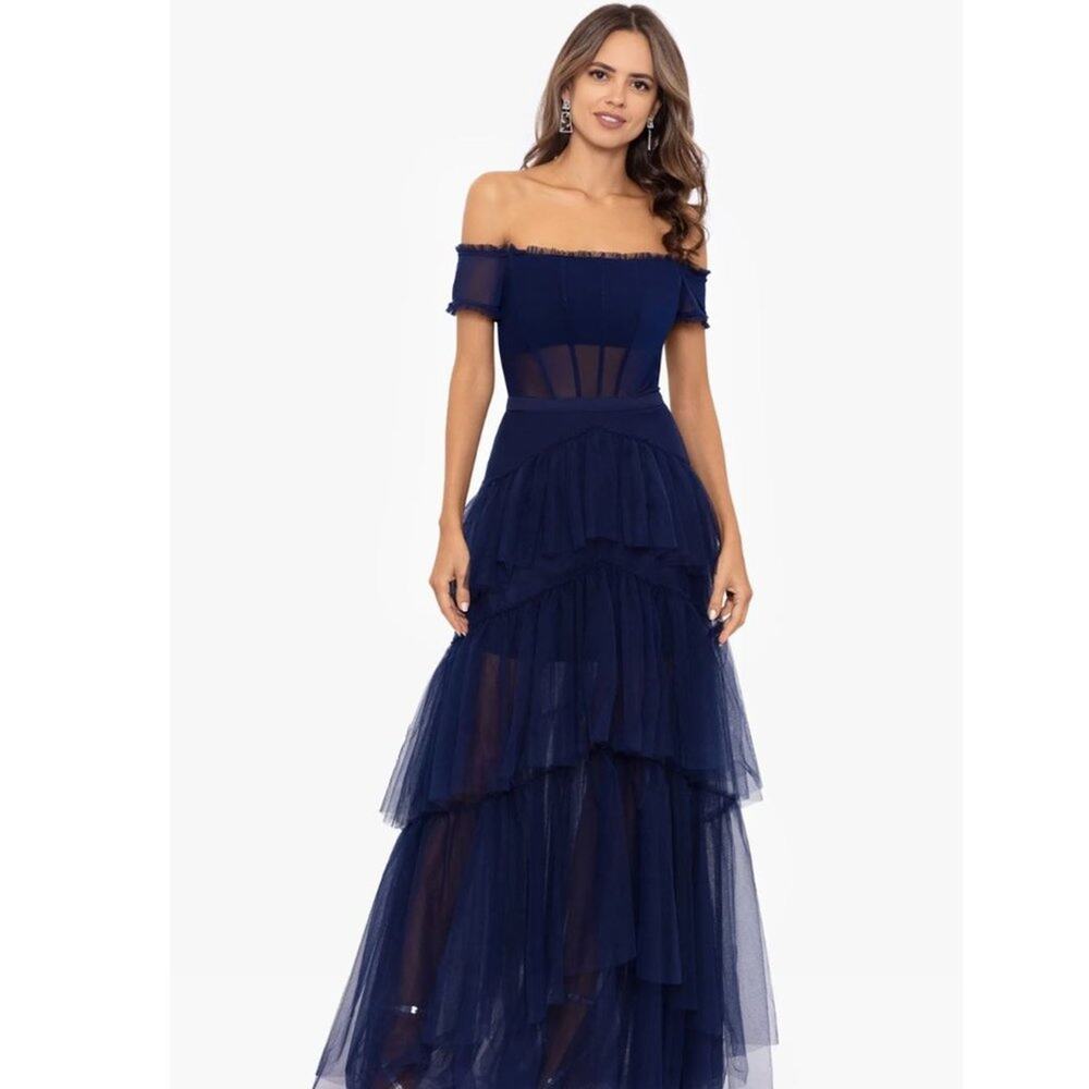 NWT$320 Betsy & Adam Ruffle Off the Shoulder Tiered Ballgown NAVY size 8
